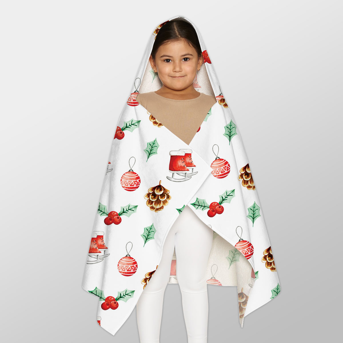 Ice Skates, Holly Leaf, Pine Cone And Christmas Baubles Youth Hooded Towel