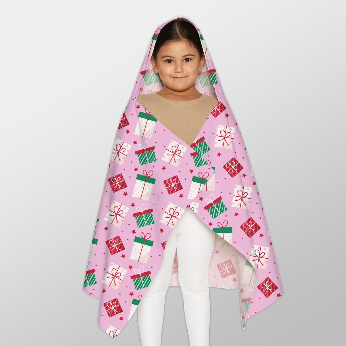 Red Green And White Christmas Gift On Pink Background Youth Hooded Towel