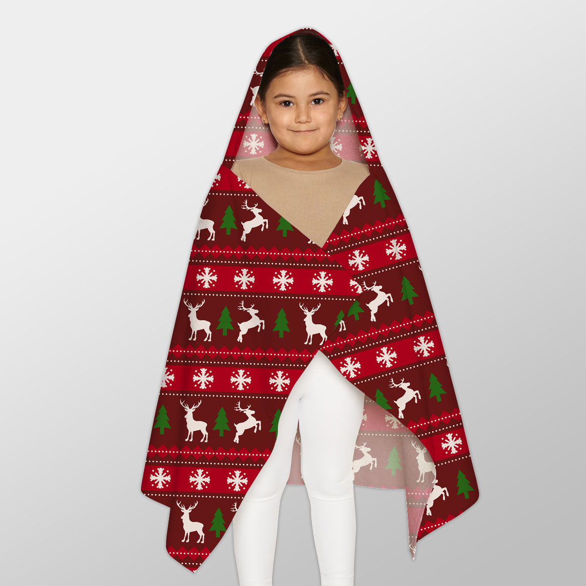 Red Green And White Christmas Tree, Reindeer With Snowflake Youth Hooded Towel