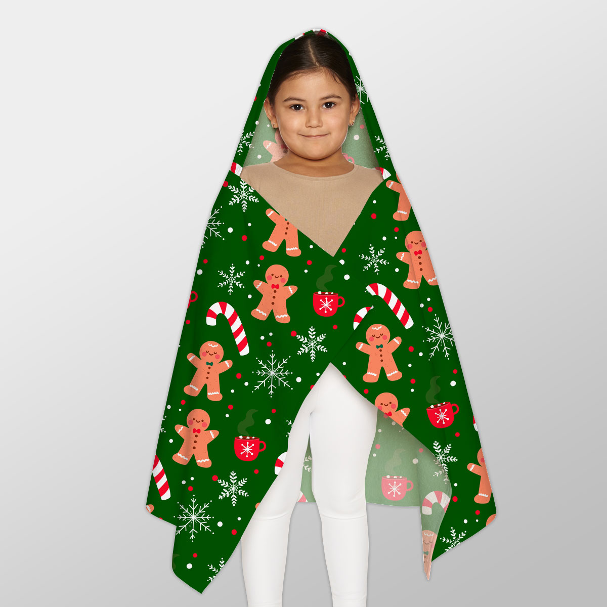 Red Green And White Gingerbread Man, Candy Cane With Snowflake Youth Hooded Towel