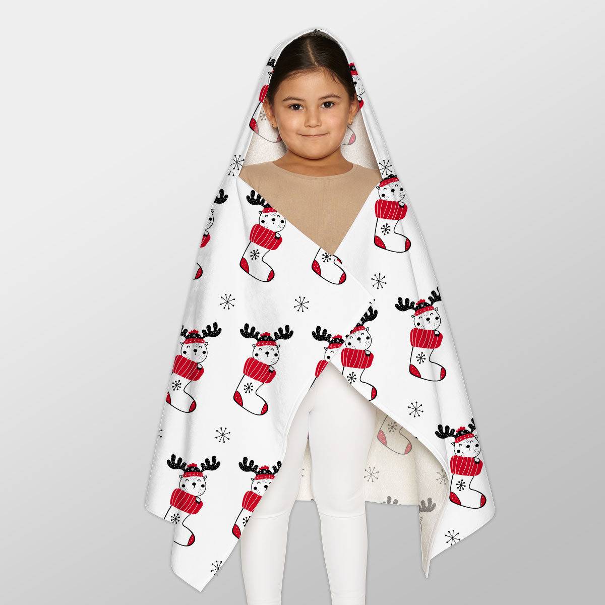 Reindeer Clipart In Hand Drawn Red Socks And Snowflake Clipart Seamless White Pattern Youth Hooded Towel