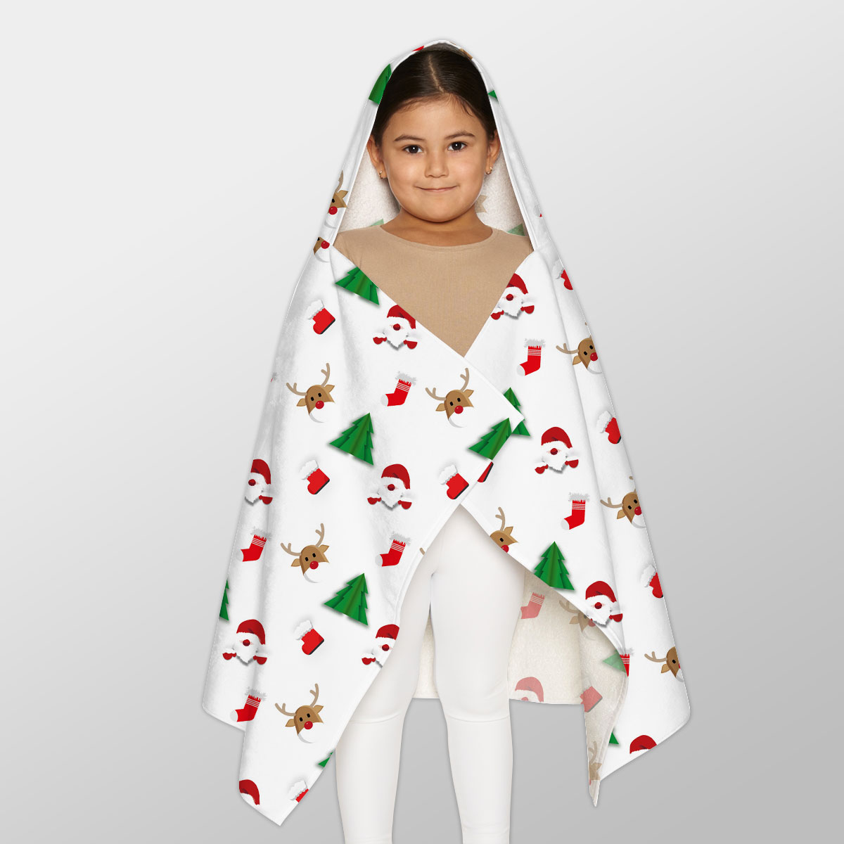 Santa Claus, Pine Tree Silhouette, Christmas Reindeer And Red Socks Seamless Pattern Youth Hooded Towel