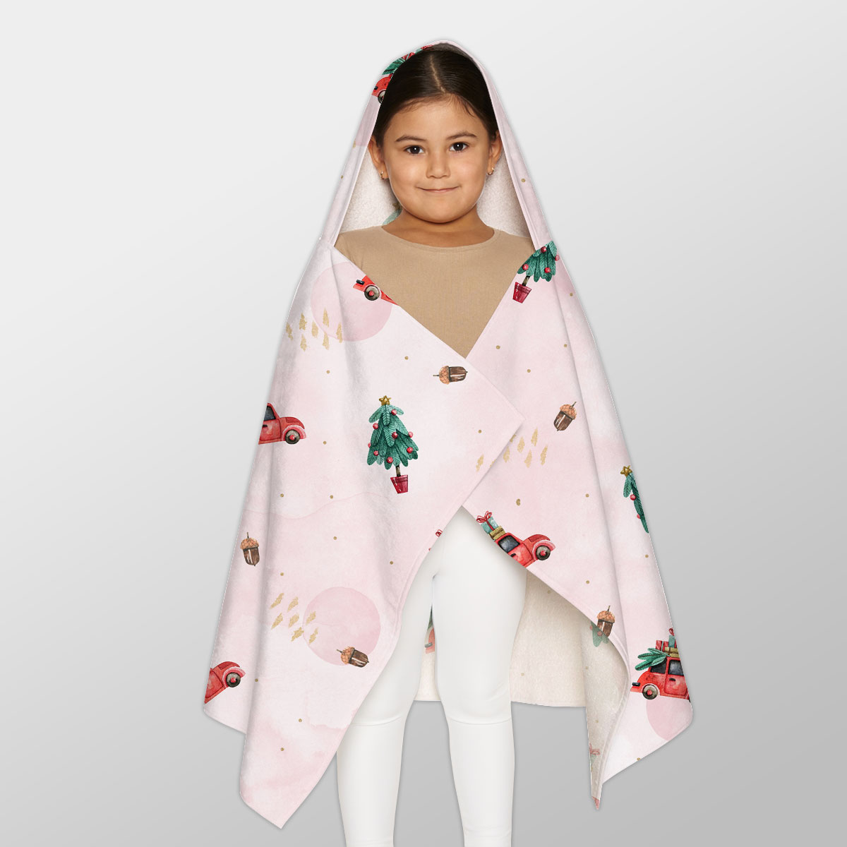 Watercolor Christmas Car With Gifts And Acorns Pink Pattern Youth Hooded Towel