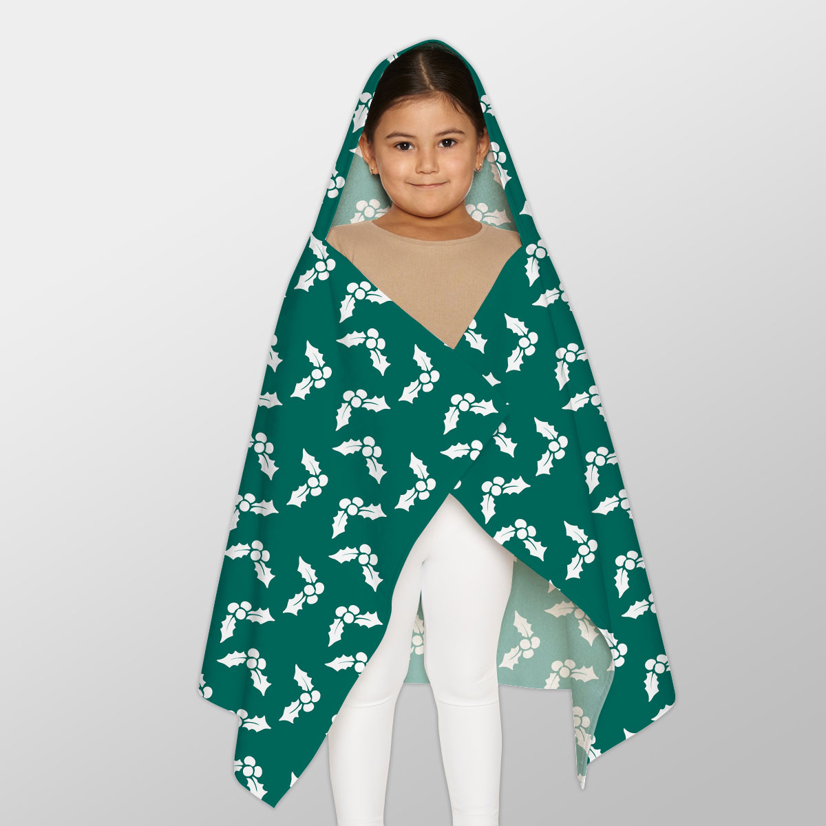 White And Dark Green Holly Leaf Christmas Youth Hooded Towel