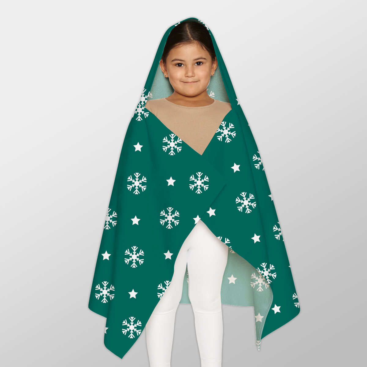 White And Dark Green Snowflake With Christmas Star Youth Hooded Towel