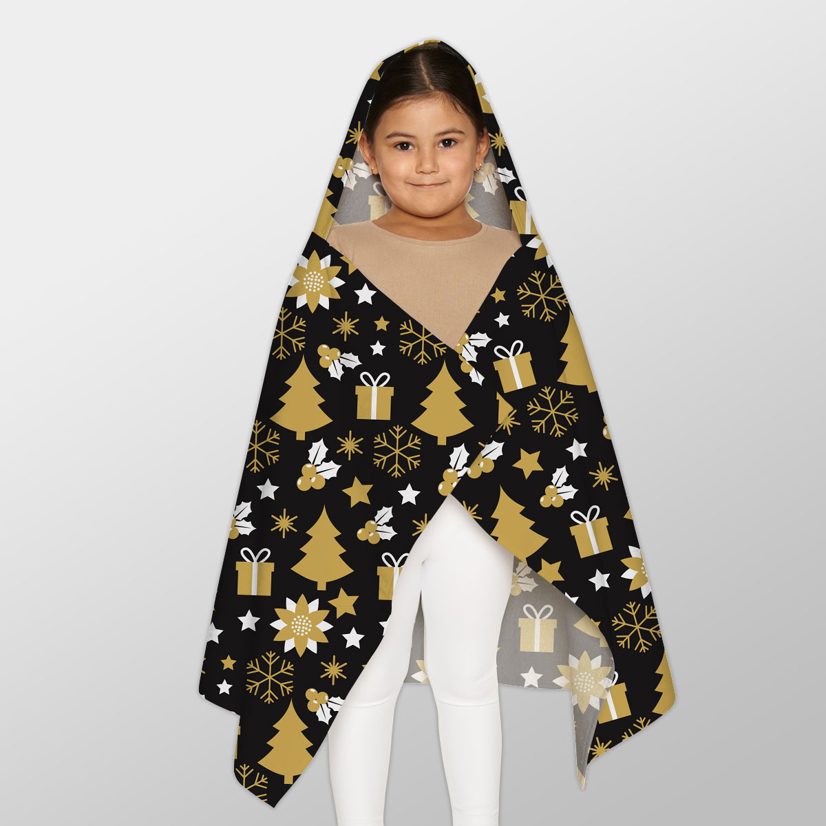 White And Gold Christmas Gift, Christmas Tree, Snowflake On Black Background Youth Hooded Towel