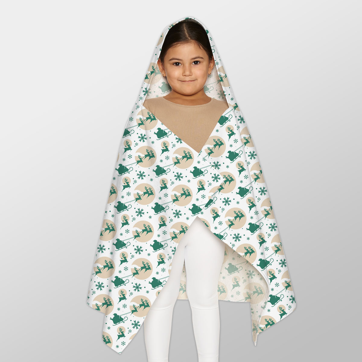 White And Green Santa Sleigh With Snowflake Youth Hooded Towel
