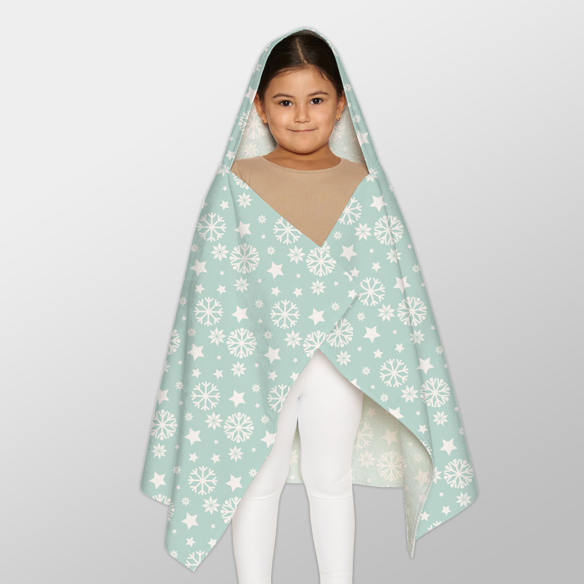 White And Light Green Snowflake And Christmas Stars Youth Hooded Towel