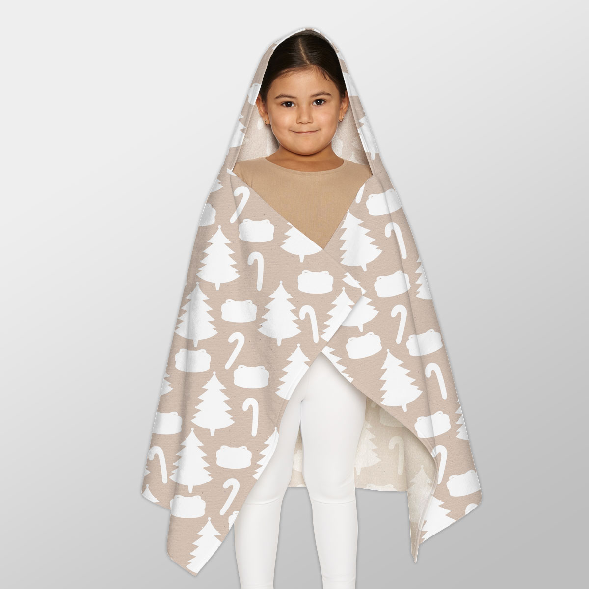 White Christmas Tree, Candy Cane On Beige Nude Background Youth Hooded Towel