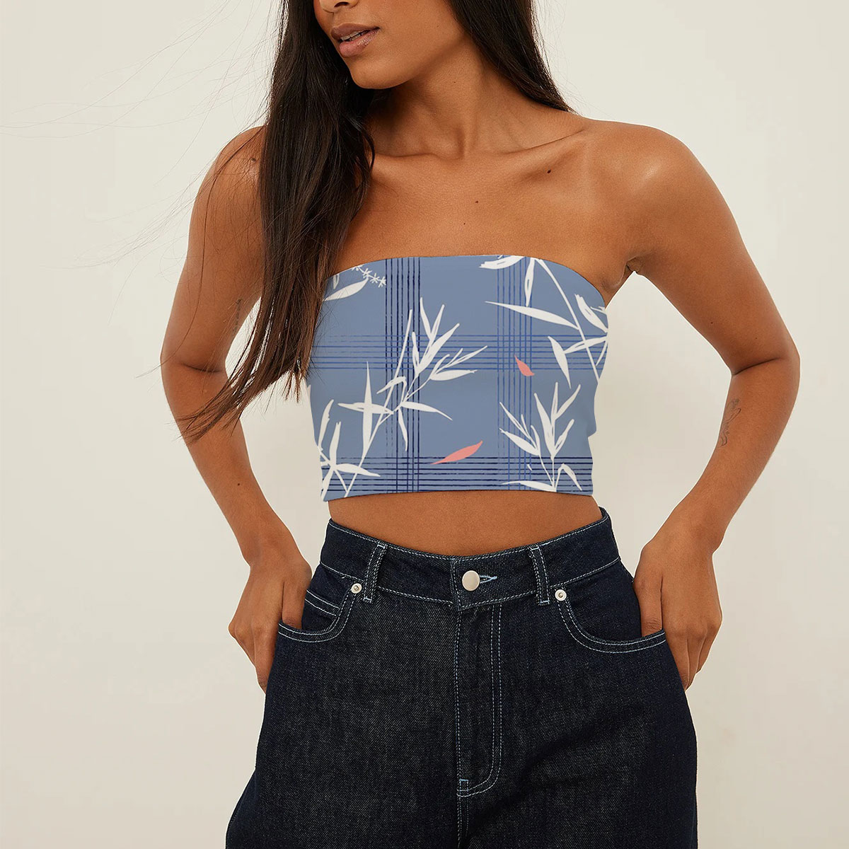 Beautiful With Bamboo Leaves On Blue Tube Top