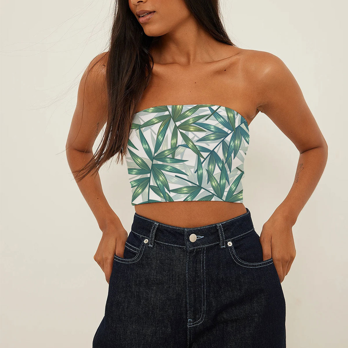 Green Gold Bamboo Leaves Tube Top