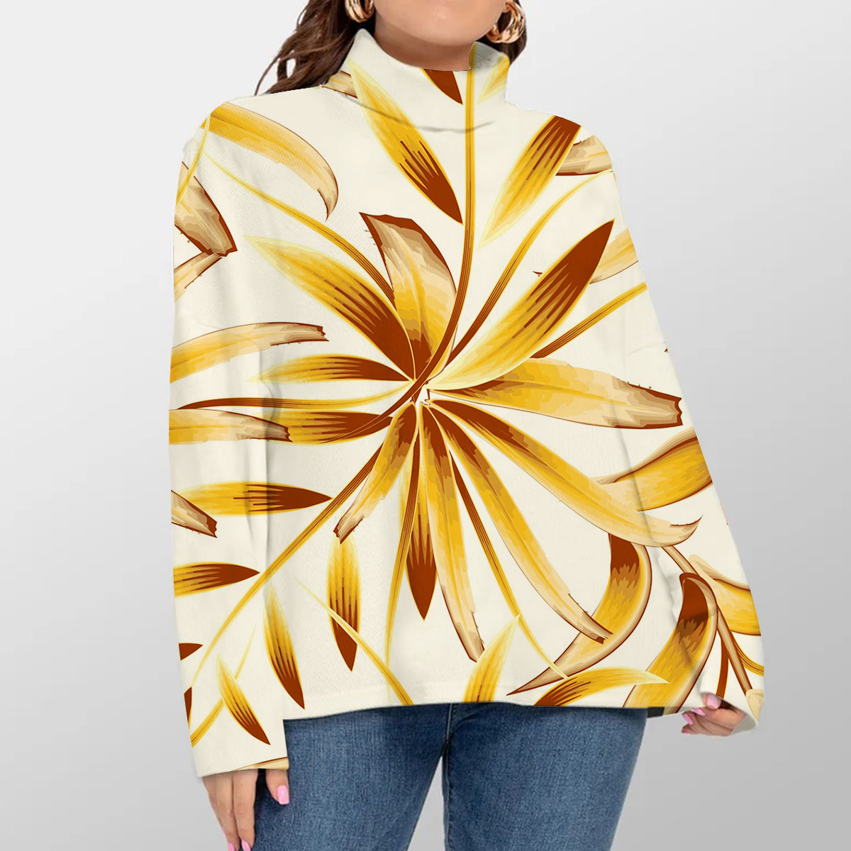 Abstract Bamboo Leaf Turtleneck Sweater