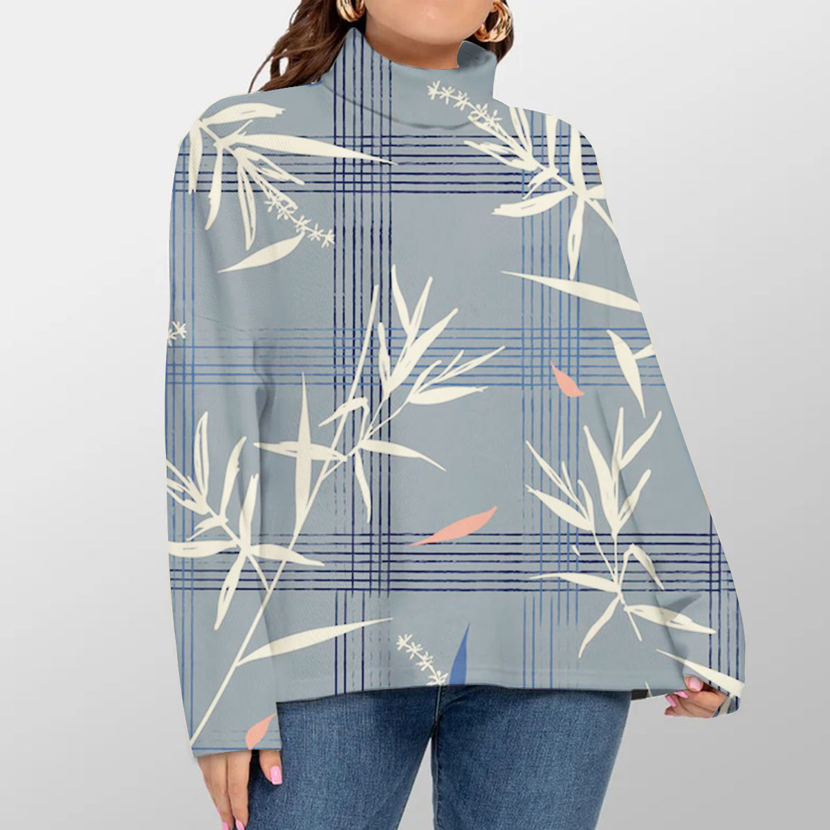 Beautiful With Bamboo Leaves On Blue Turtleneck Sweater