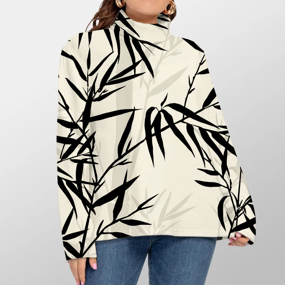 Black And White Bamboo Leaves Turtleneck Sweater