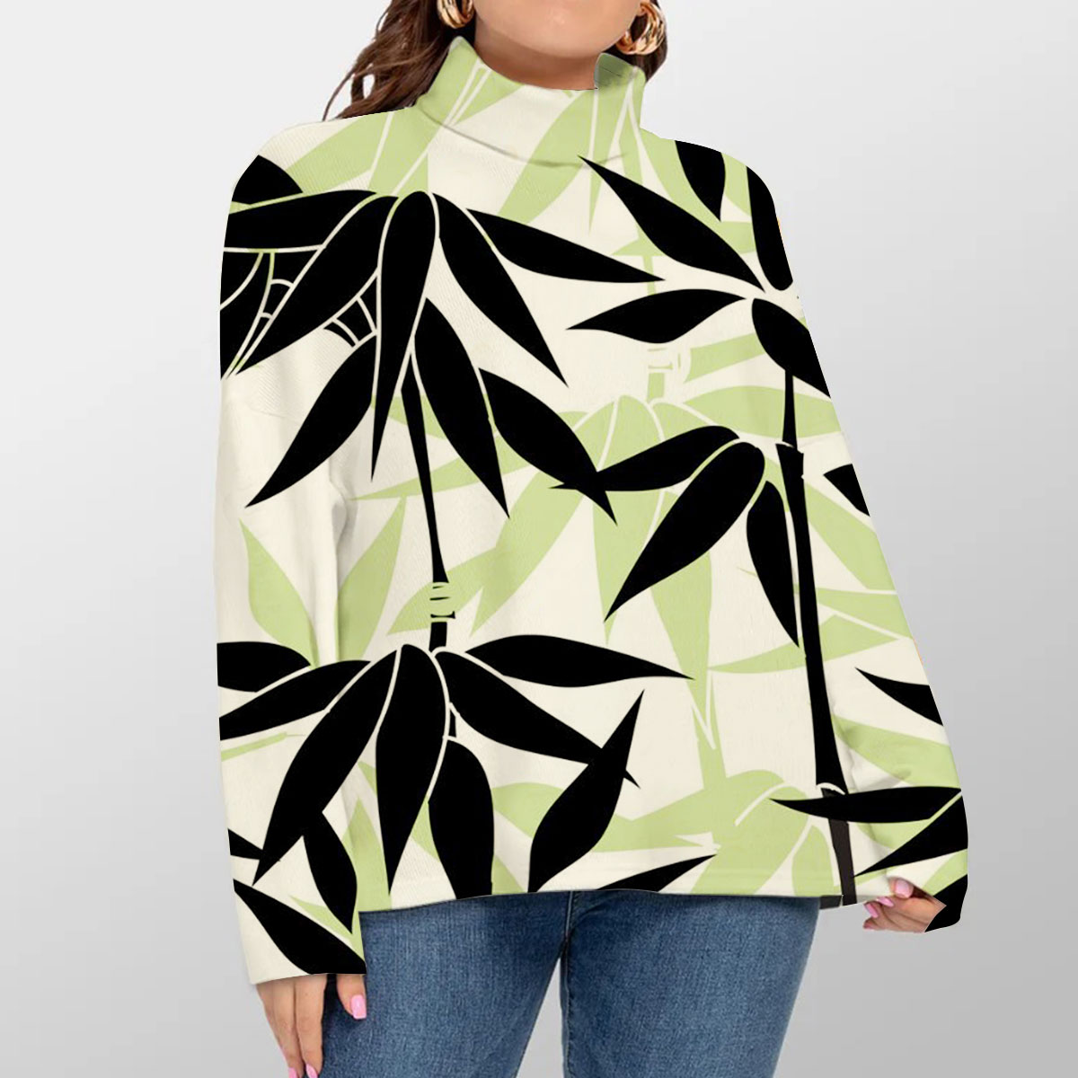 Floral Bamboo Leaves Nature Leaf Turtleneck Sweater