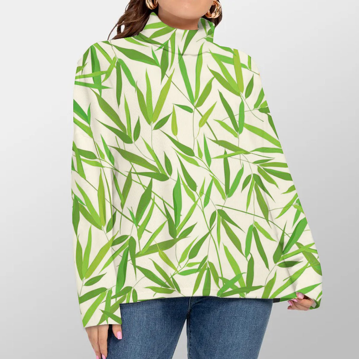 Floral Bamboo Leaves Turtleneck Sweater