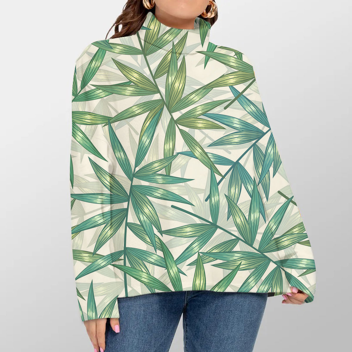 Green Gold Bamboo Leaves Turtleneck Sweater