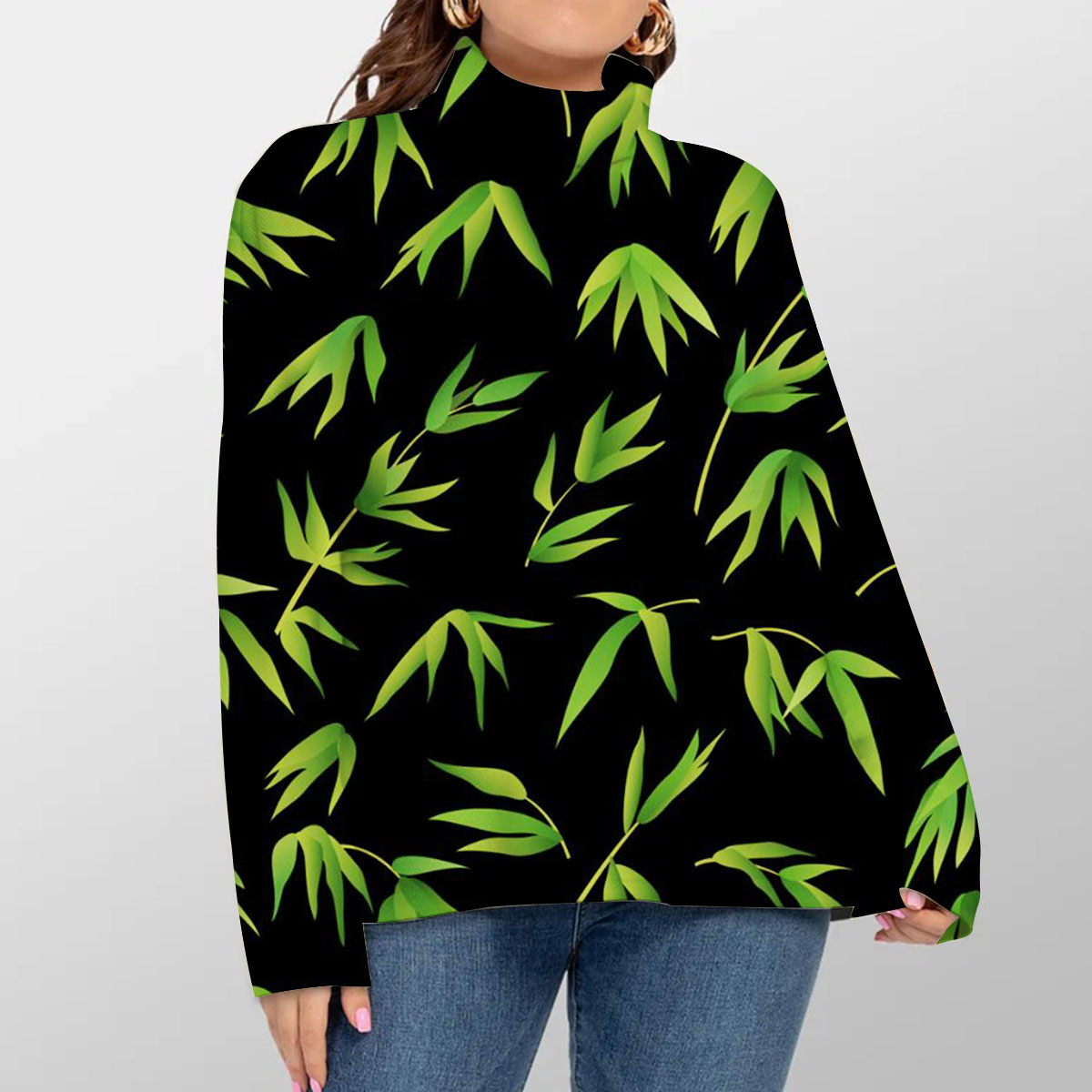 Tropical Bamboo Leaves Turtleneck Sweater