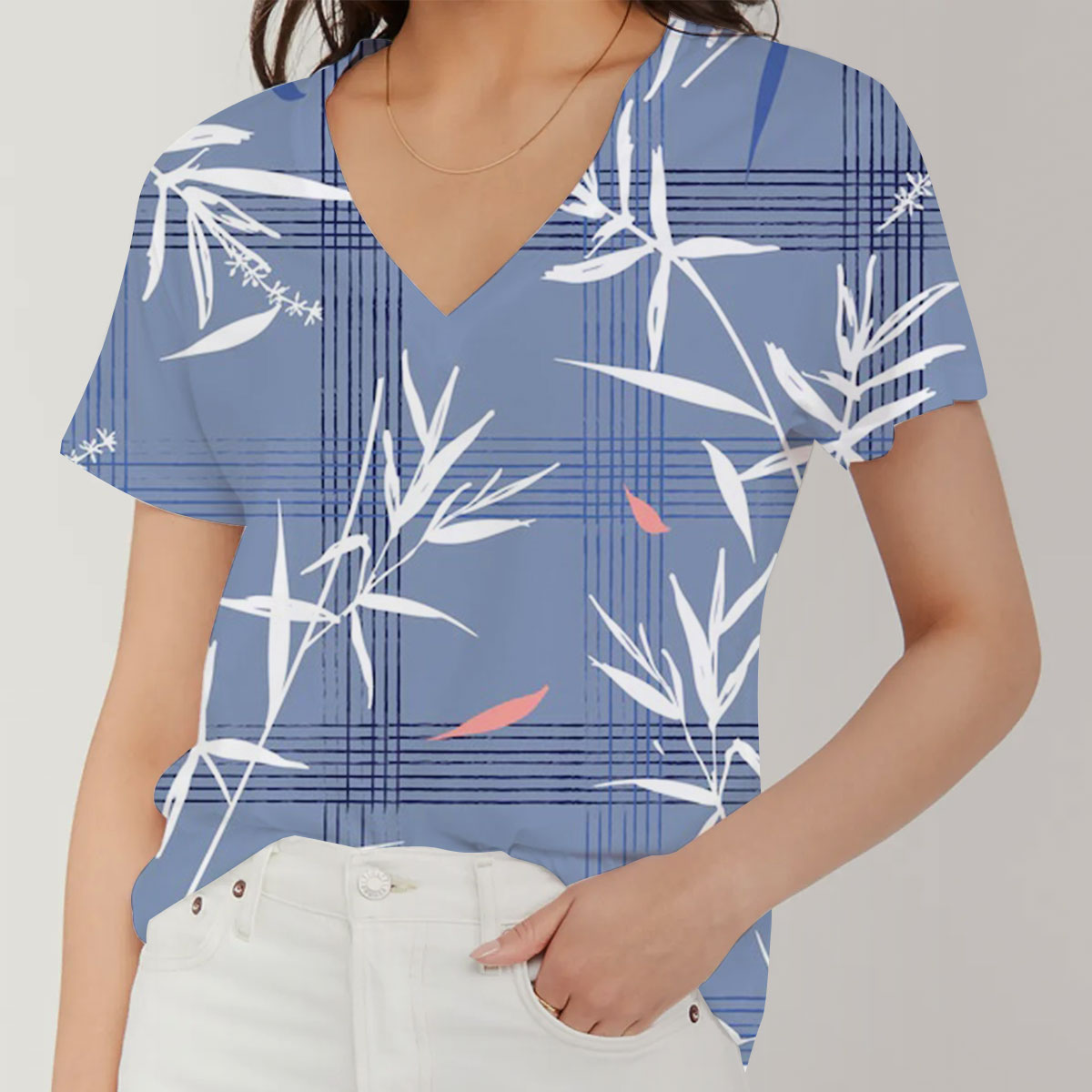 Beautiful With Bamboo Leaves On Blue V-Neck Women's T-Shirt