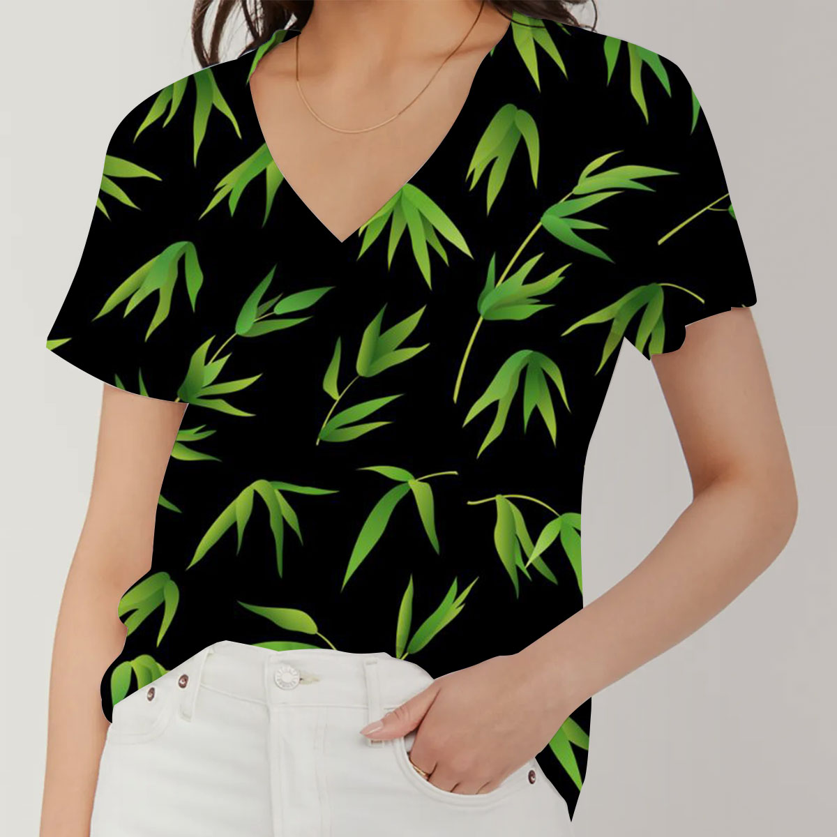Tropical Bamboo Leaves V-Neck Women's T-Shirt