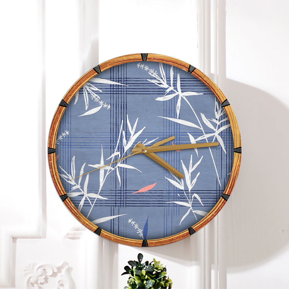 Beautiful With Bamboo Leaves On Blue Wall Clock