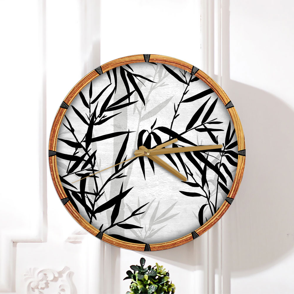 Black And White Bamboo Leaves Wall Clock