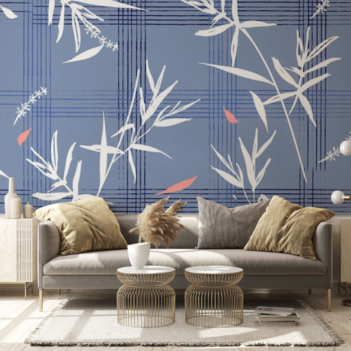 Beautiful With Bamboo Leaves On Blue Wall Mural