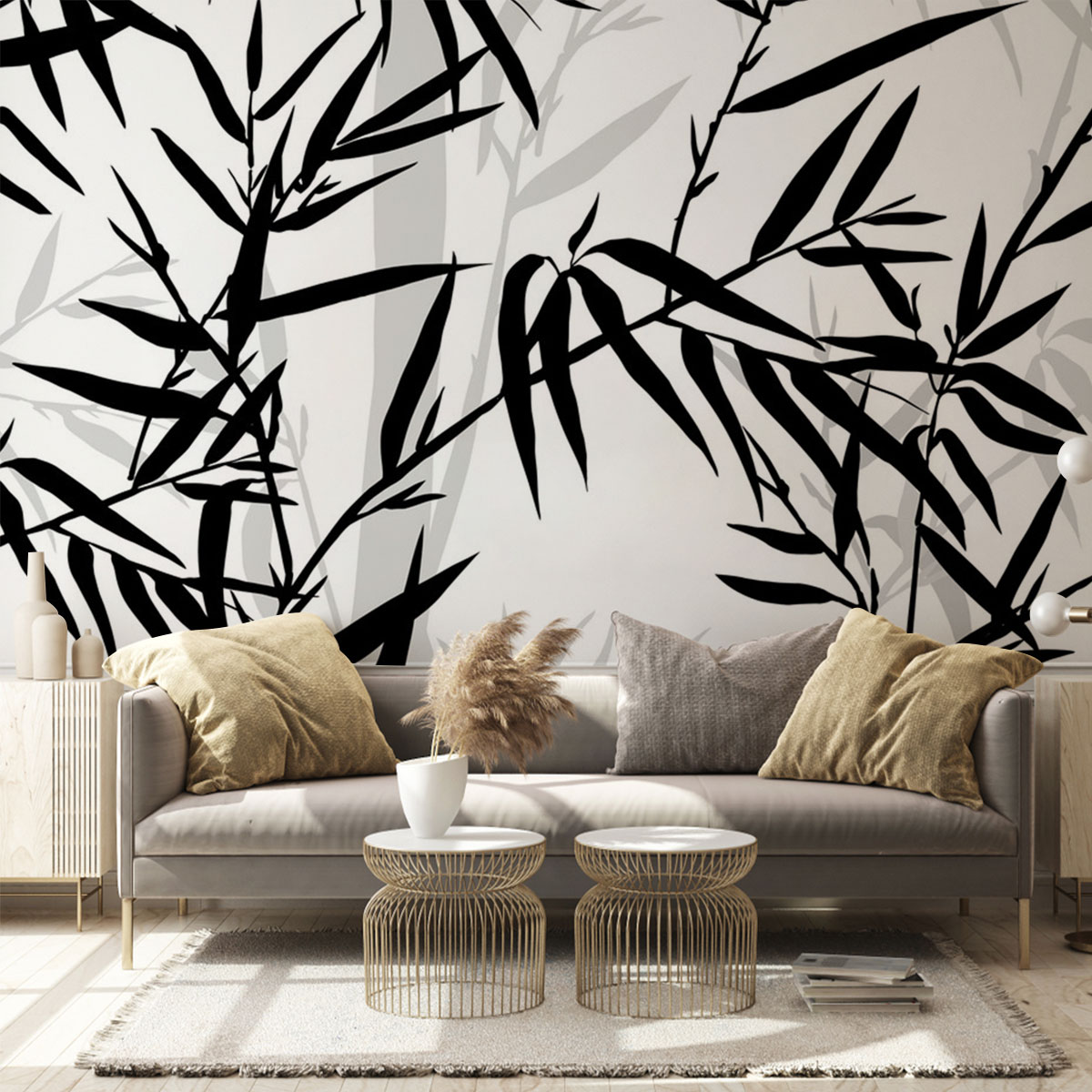 Black And White Bamboo Leaves Wall Mural