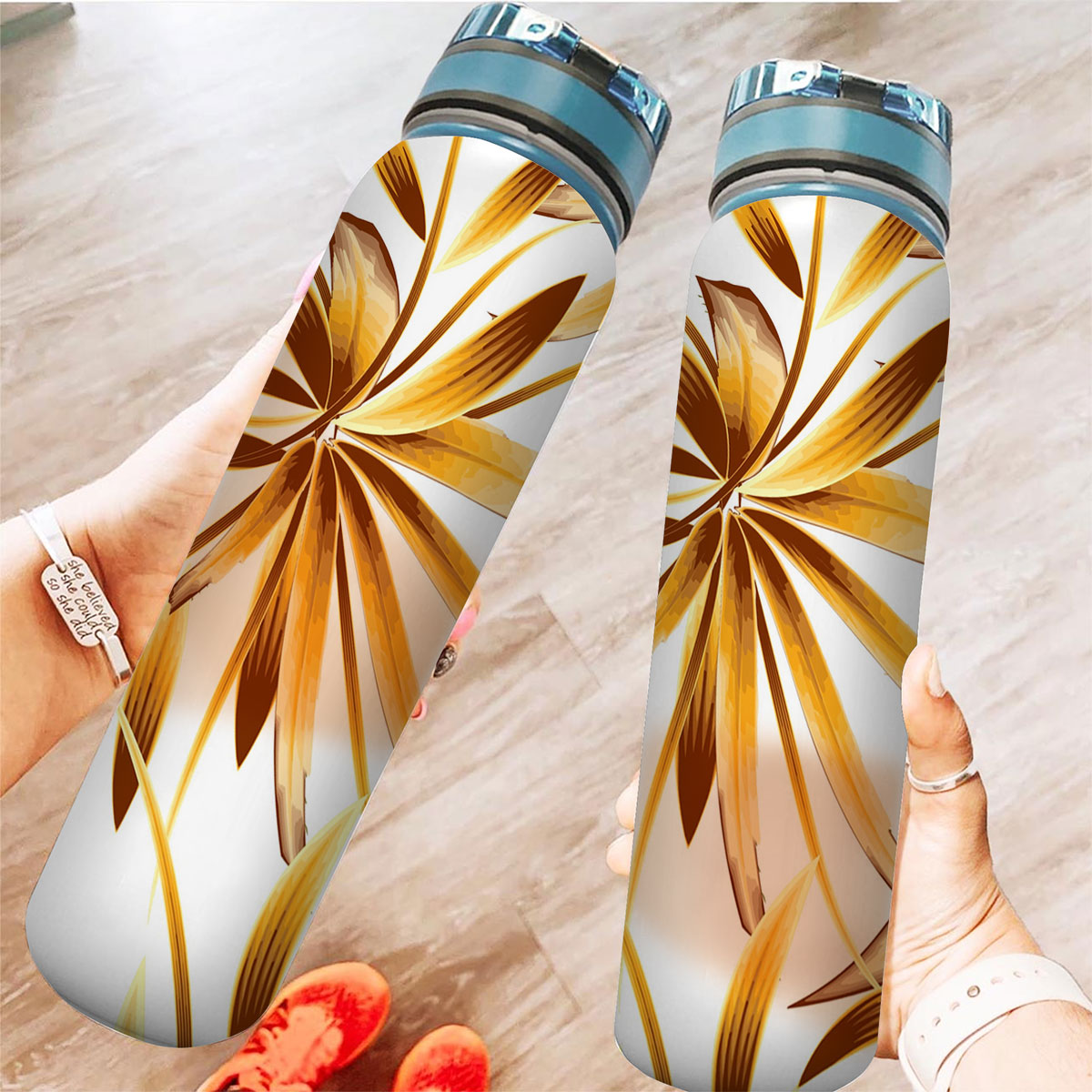 Abstract Bamboo Leaf Tracker Bottle
