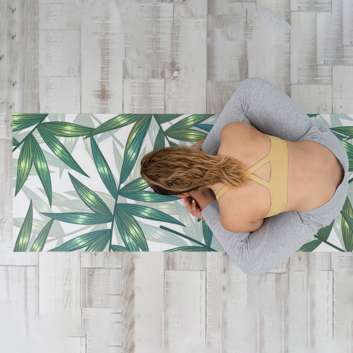 Green Gold Bamboo Leaves Yoga Mat