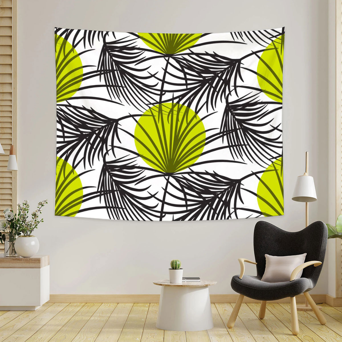 Palm Leaves Bright Green On White Tapestry