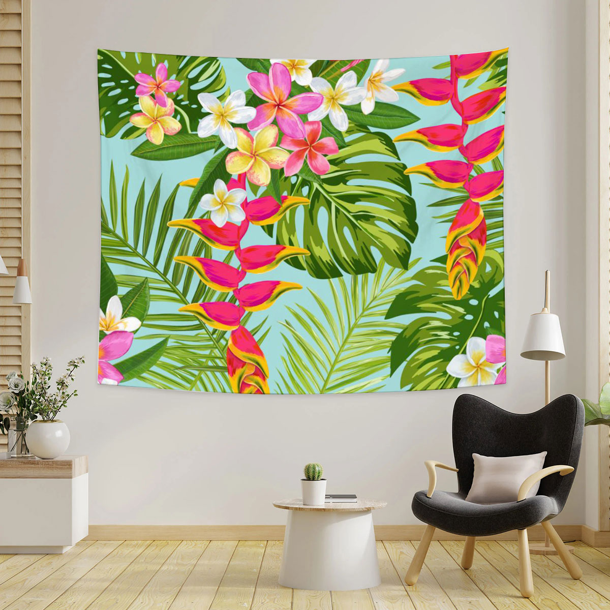 Tropical Flowers and Palm Leaves Tapestry