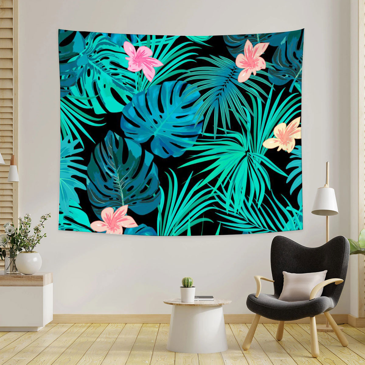 Tropical Jungle Palm Leaves Flowers Tapestry