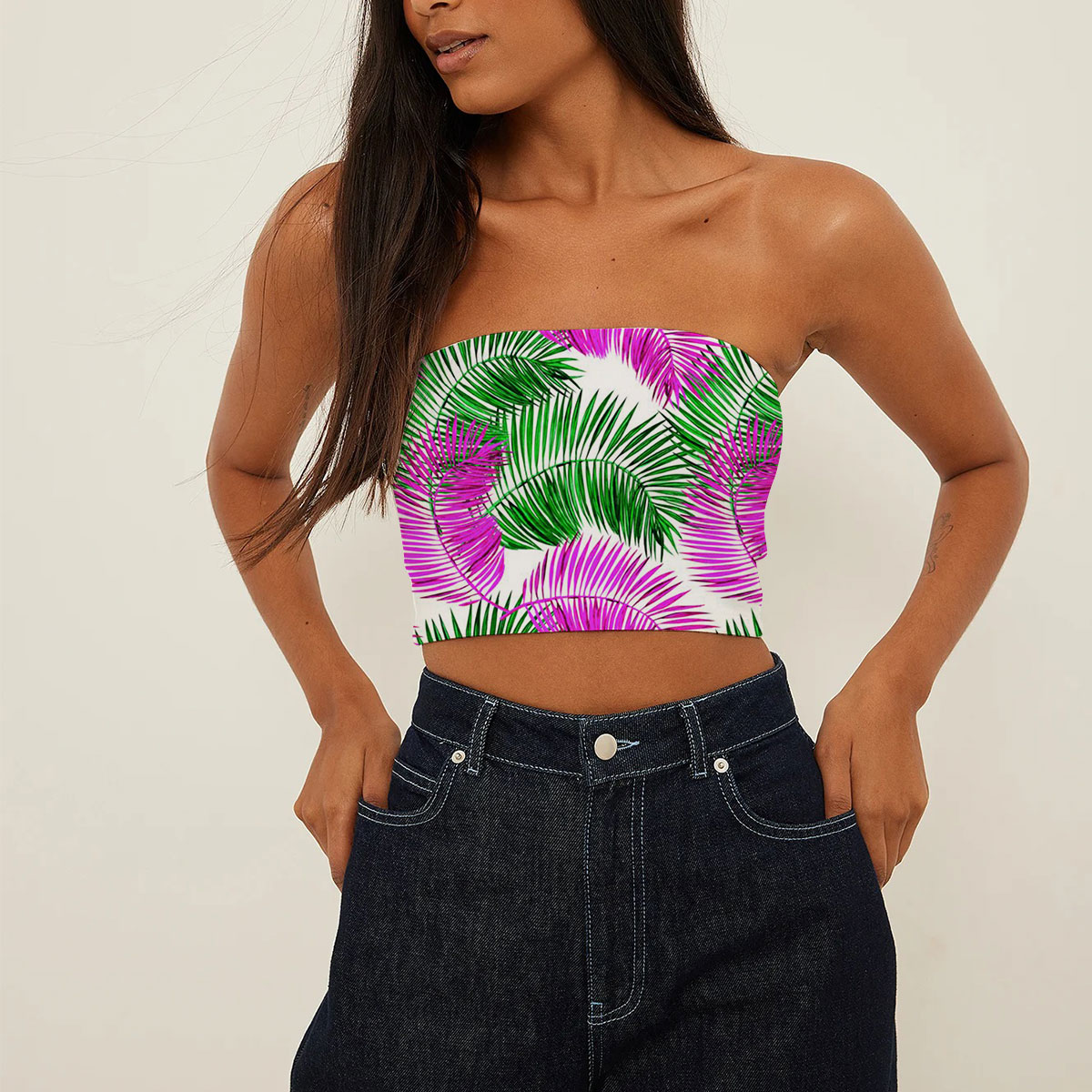 Green And Pink Palm Leaves Tube Top