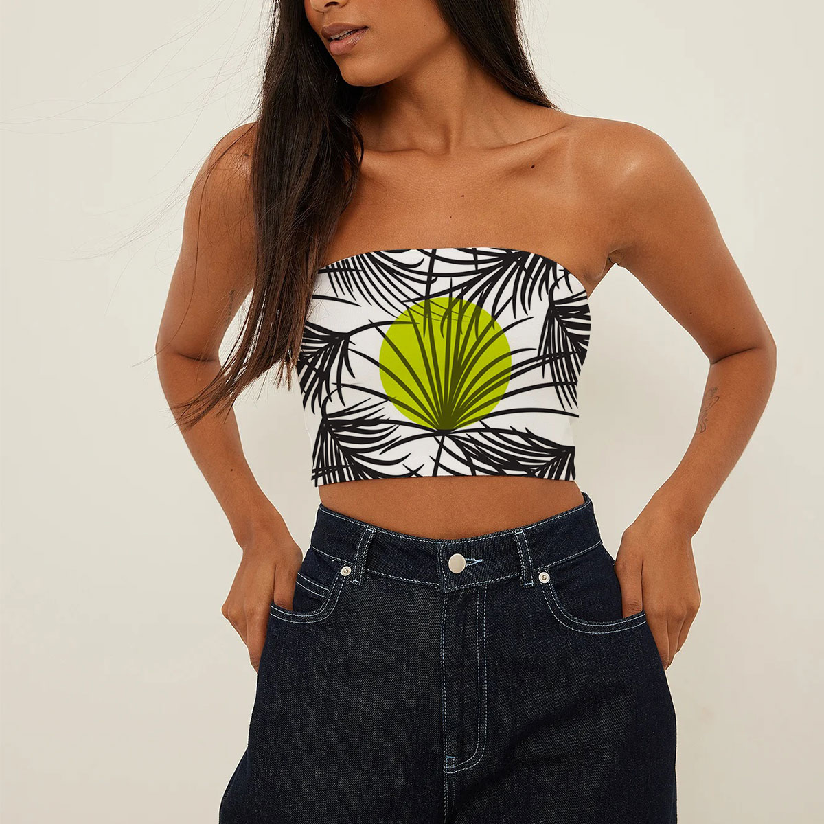 Palm Leaves Bright Green On White Tube Top