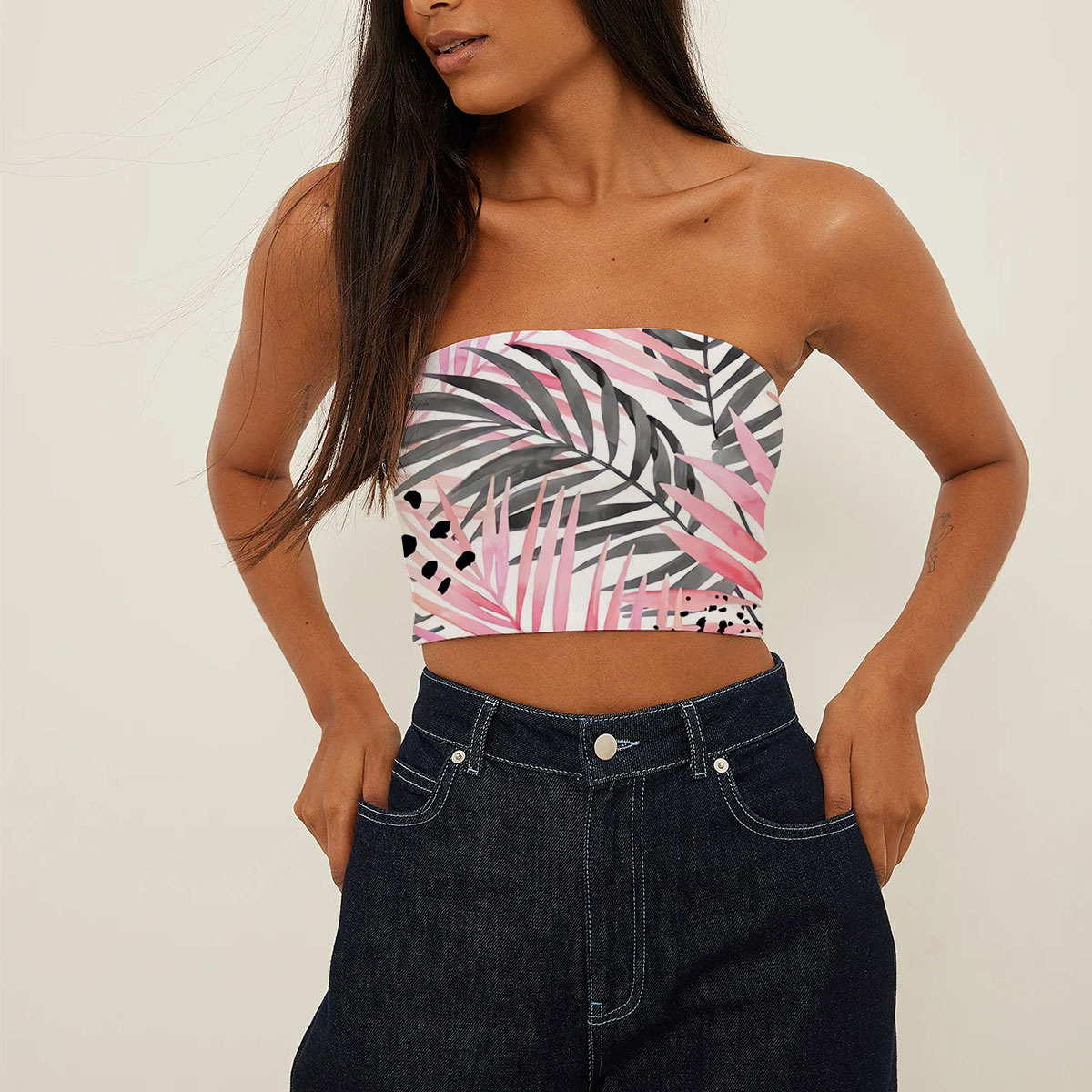 Watercolour Pink Colored and Graphic Palm Leaf Tube Top