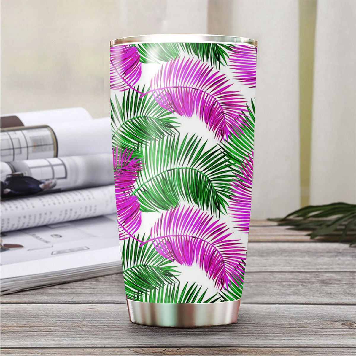Green And Pink Palm Leaves Tumbler
