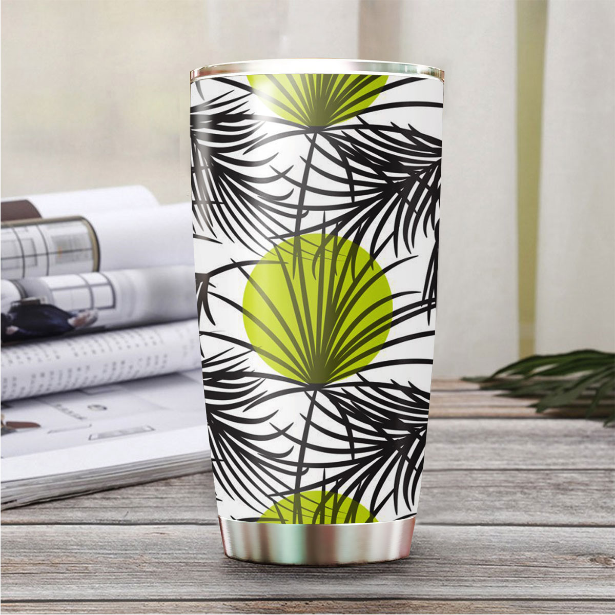 Palm Leaves Bright Green On White Tumbler