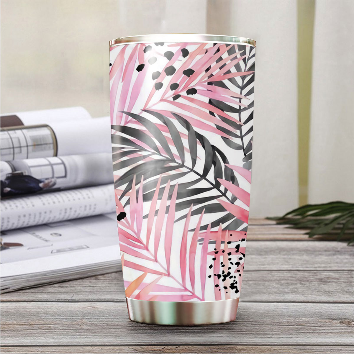 Watercolour Pink Colored and Graphic Palm Leaf Tumbler