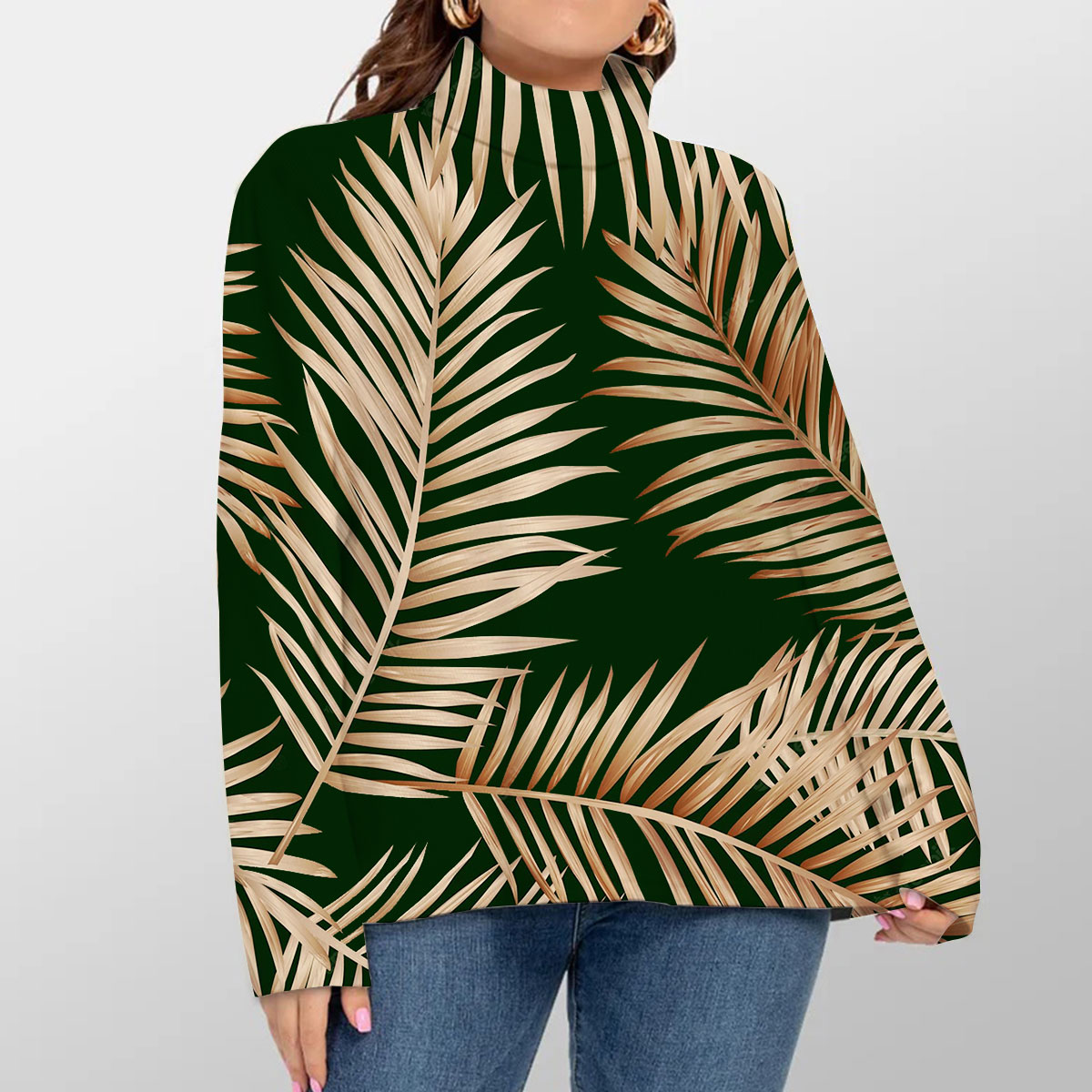 Gold Tropical Palm Leaves Turtleneck Sweater