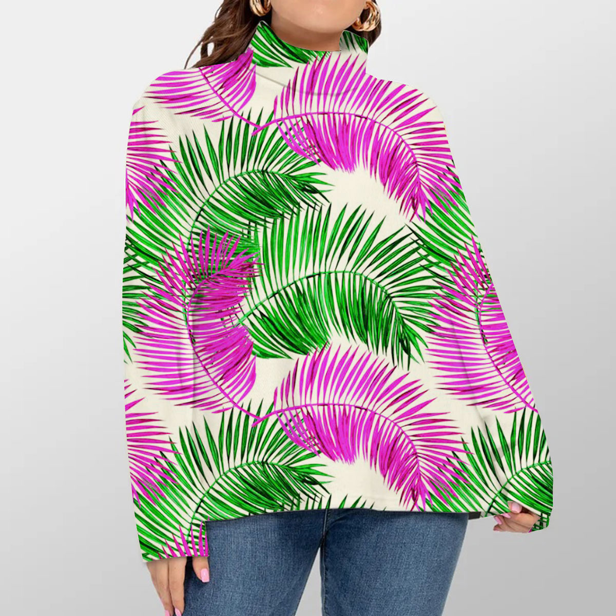 Green And Pink Palm Leaves Turtleneck Sweater