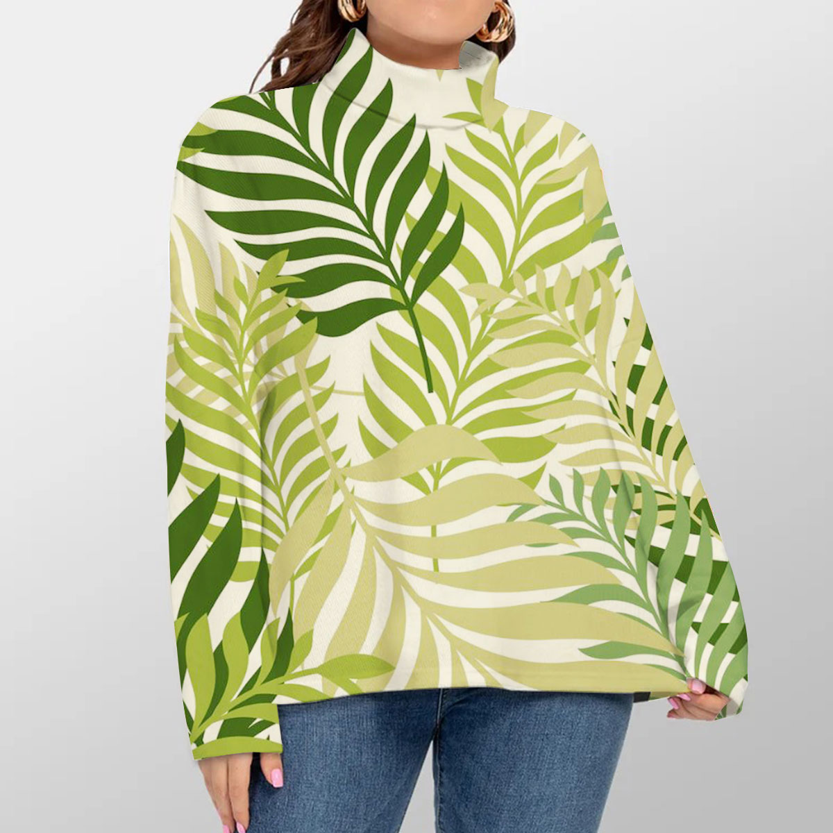 Green Palm Tree Leaves Turtleneck Sweater