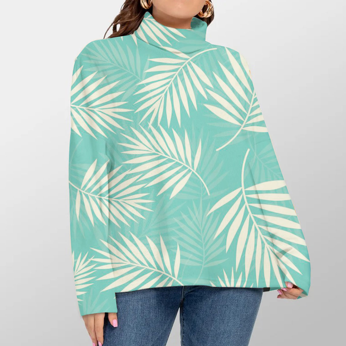 Light Blue Palm Leaves Turtleneck Sweater