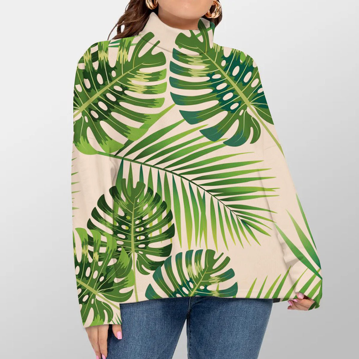 Pink Palm Leaves Turtleneck Sweater