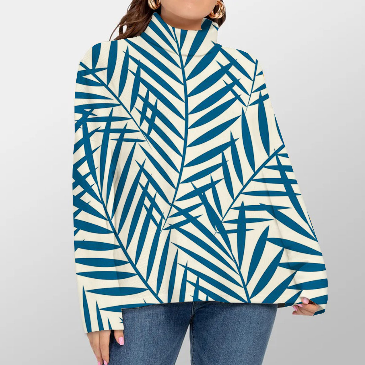 Tropical Blue Palm Tree Leaves Turtleneck Sweater