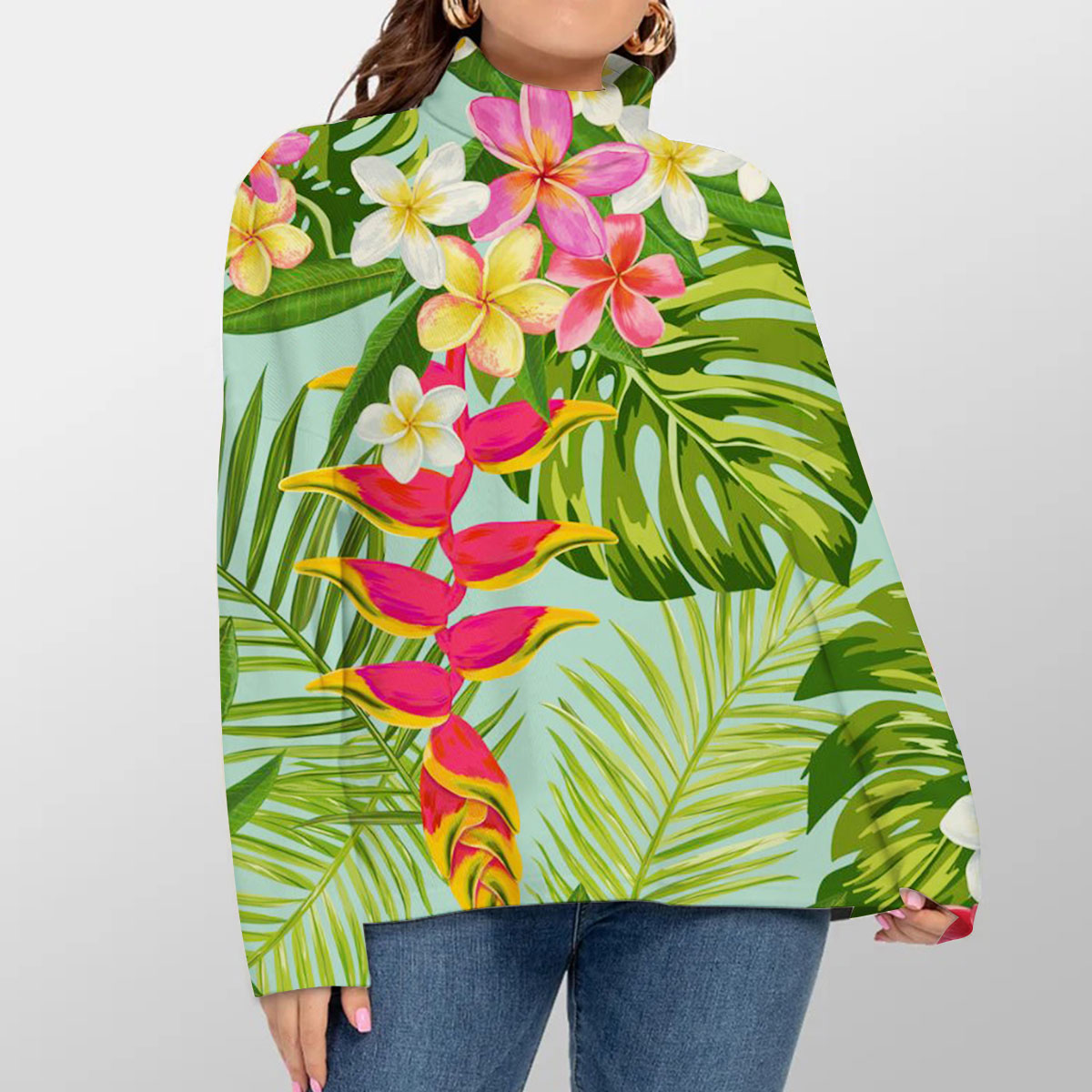 Tropical Flowers and Palm Leaves Turtleneck Sweater