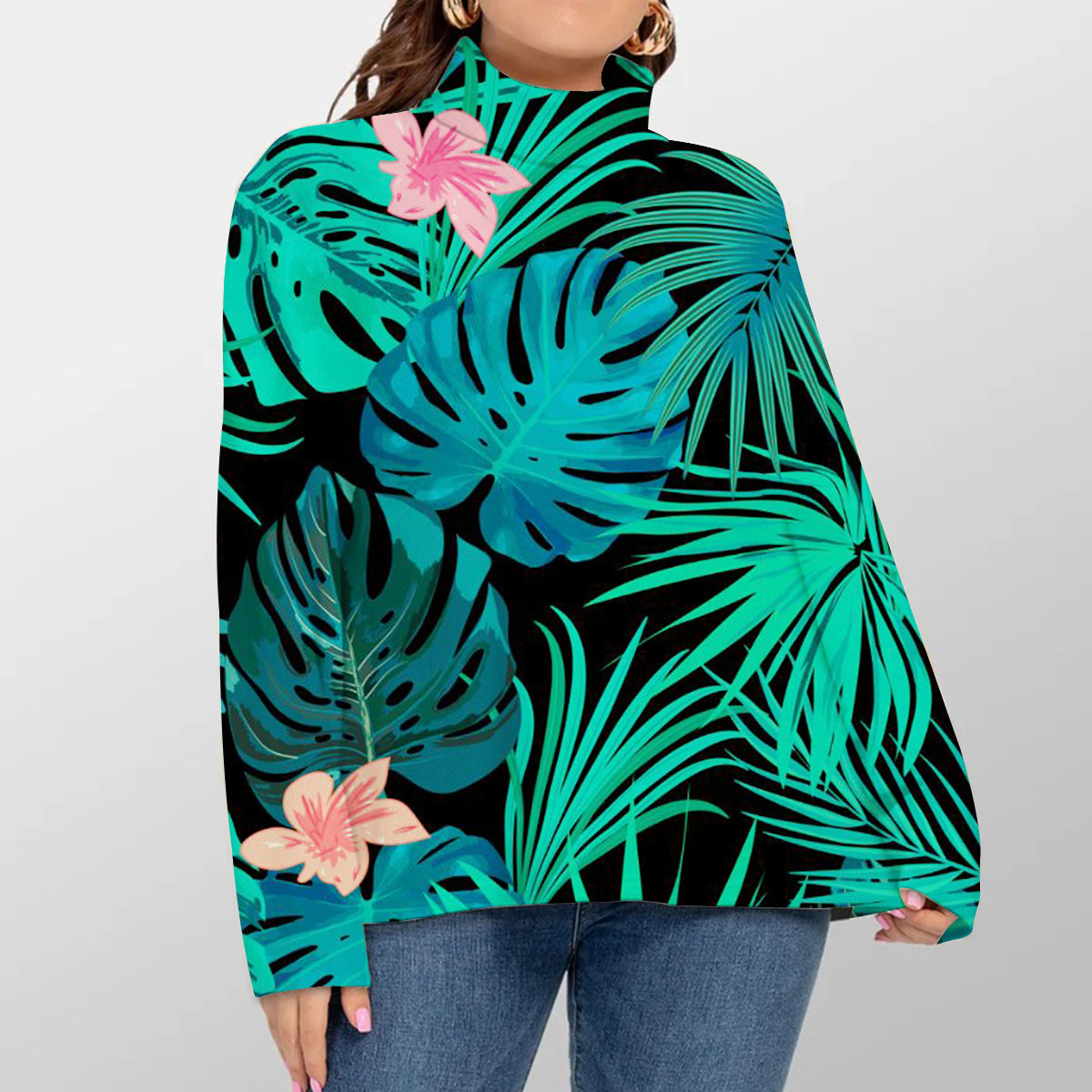 Tropical Jungle Palm Leaves Flowers Turtleneck Sweater