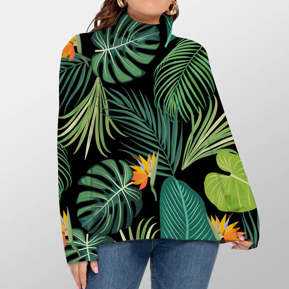 Tropical Jungle Palm Leaves Turtleneck Sweater