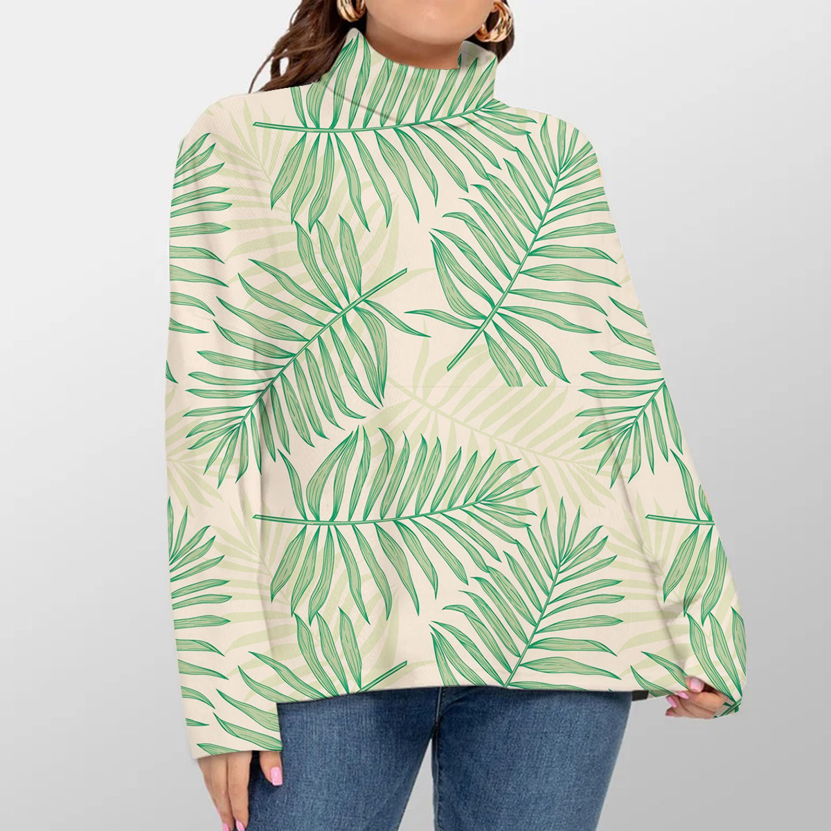 Tropical Palm Leaves Turtleneck Sweater