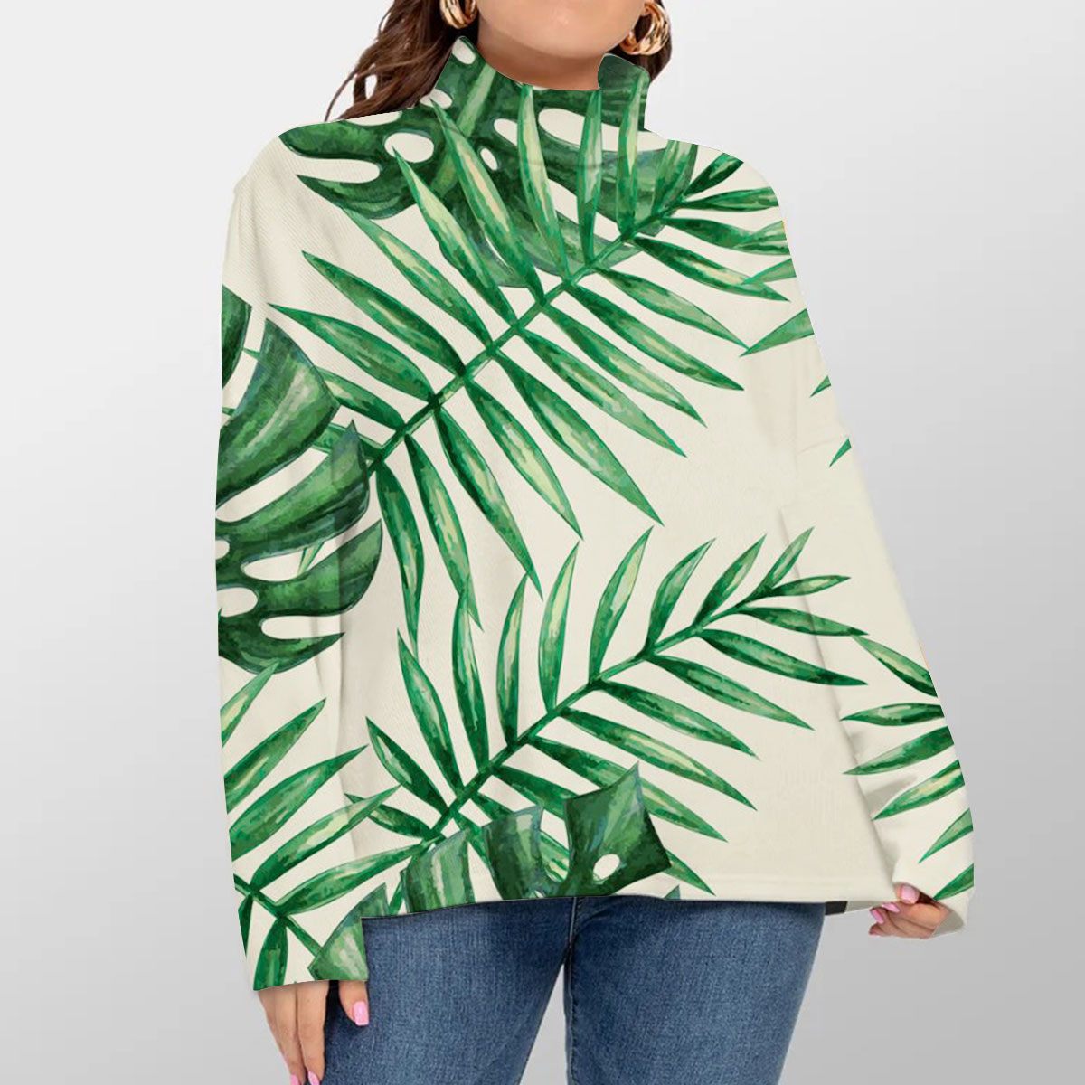 Watercolor Tropical Palm Leaves Turtleneck Sweater